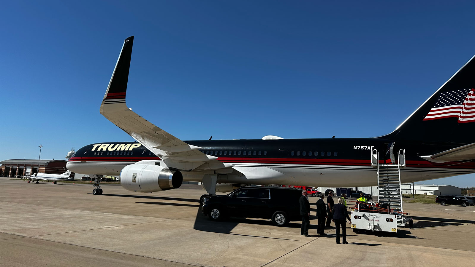 Trump Force 1 awaiting Trump to descend the stairs upon arrival at Midland Space Port on Oct. 2, 2024. Trump Force 1 awaiting Trump to descend the stairs upon arrival at Midland Space Port on Oct. 2, 2024.