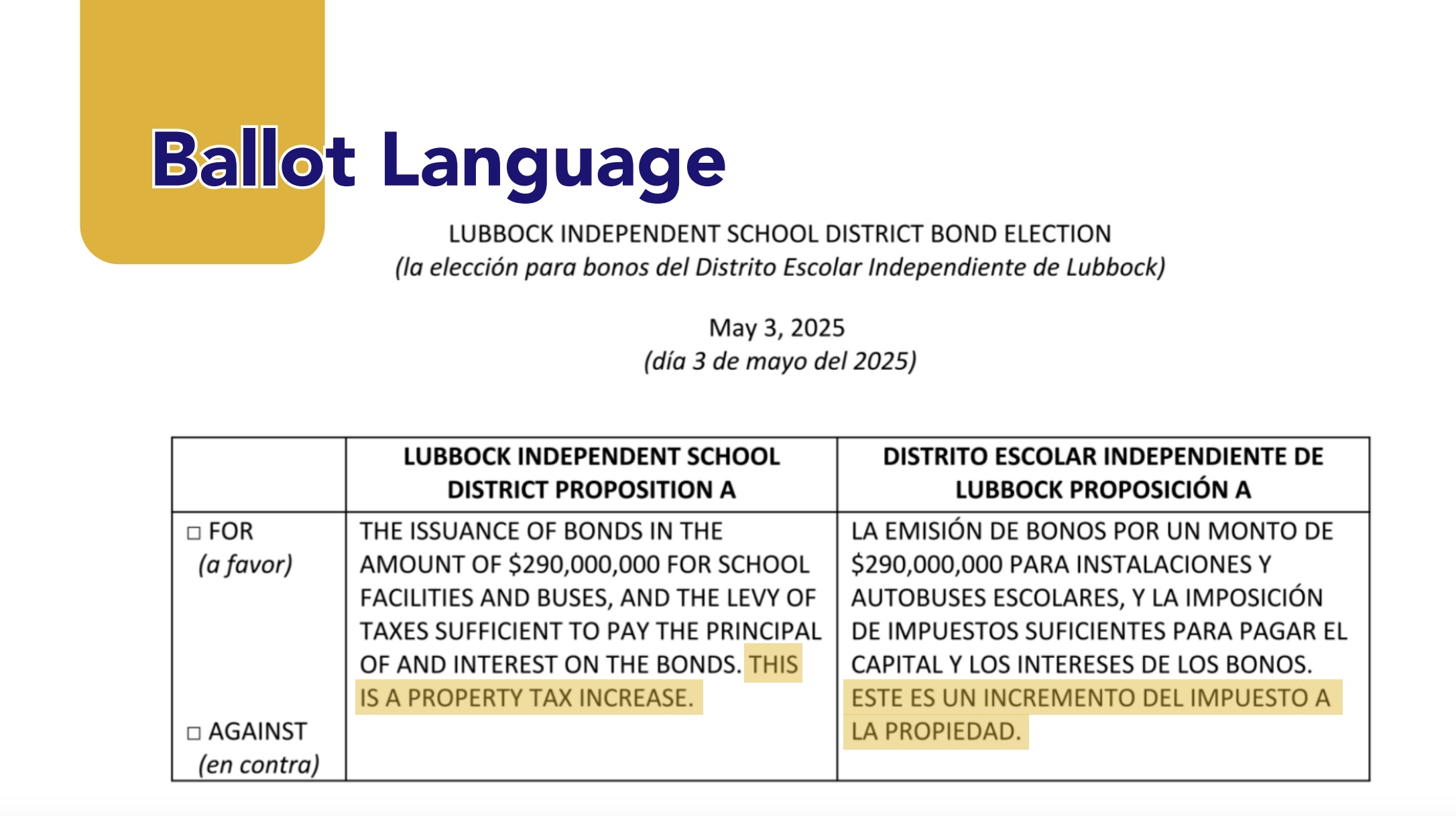 Voters will see the words “THIS IS A PROPERTY TAX INCREASE” on the ballot. This is a phrase required by state law and will not raise the current tax rate under current law. Voters will see the words “THIS IS A PROPERTY TAX INCREASE” on the ballot. This is a phrase required by state law and will not raise the current tax rate under current law.