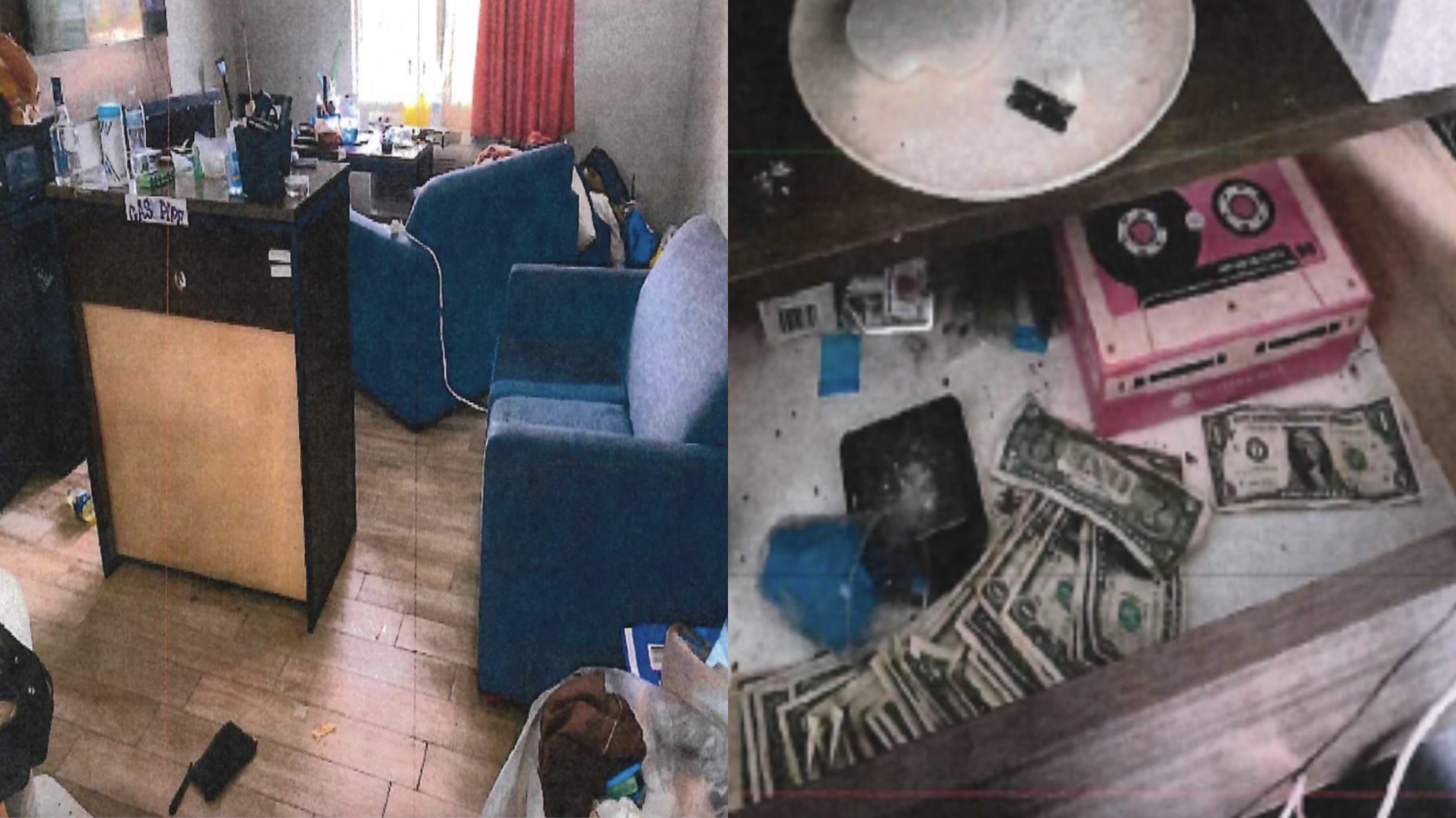 Left: Inside the BuZen Suites Hotel were drugs were made and distributed; Right: Cash, drugs, and other drug trade tools in one of the suites Left: Inside the BuZen Suites Hotel were drugs were made and distributed; Right: Cash, drugs, and other drug trade tools in one of the suites