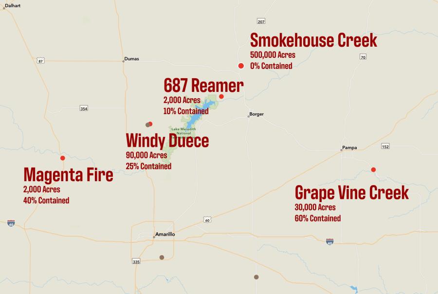 A map of where the Panhandle fires of Feb. 2024 are located and their containment as of 2 p.m. on Wednesday, Feb 28, 2024. A map of where the Panhandle fires of Feb. 2024 are located and their containment as of 2 p.m. on Wednesday, Feb 28, 2024.