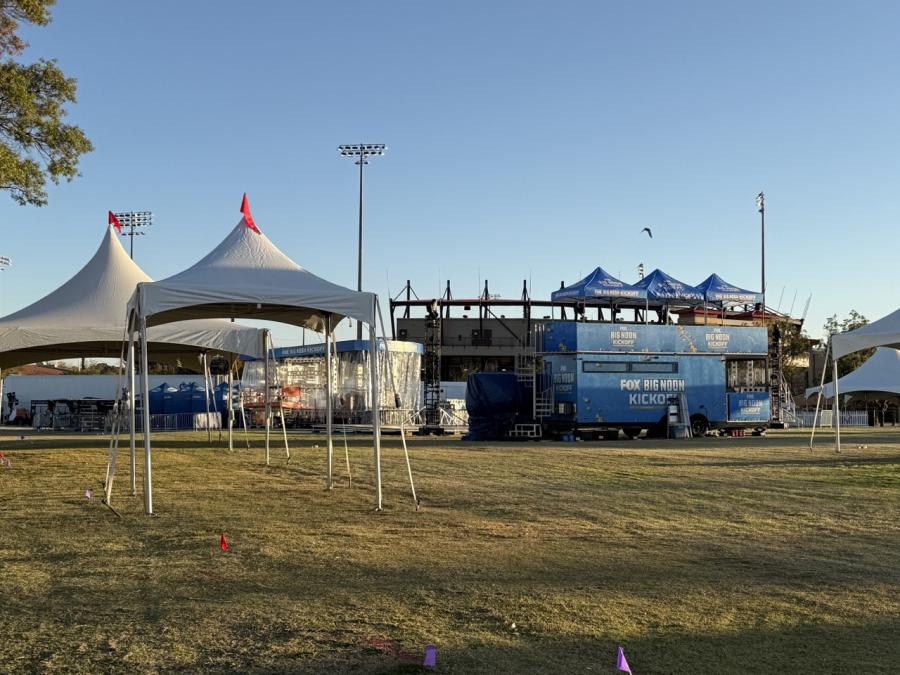 Big Noon Kickoff stage being set up across from Dan Law Field at Rip Griffin Park Big Noon Kickoff stage being set up across from Dan Law Field at Rip Griffin Park