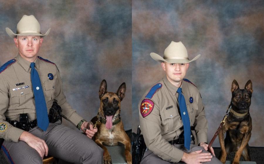 Left: Trooper Jeremy Arizola & K-9 Mara: Tracking Handler/Right: Trooper Christopher Cantu & K-9 Eki: Tracking Handler Left: Trooper Jeremy Arizola & K-9 Mara: Tracking Handler/Right: Trooper Christopher Cantu & K-9 Eki: Tracking Handler