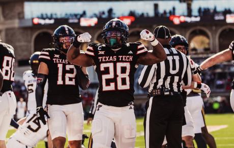 Texas Tech's Tahj Brooks after a touchdown against West Virginia