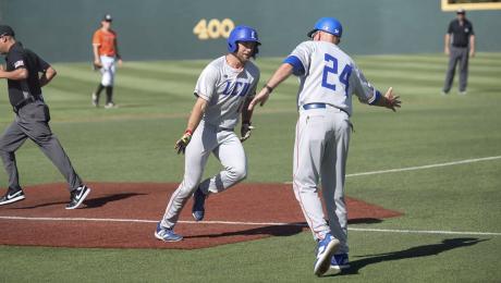 Lubbock Christian's Brevin McCool rounds 3rd Base