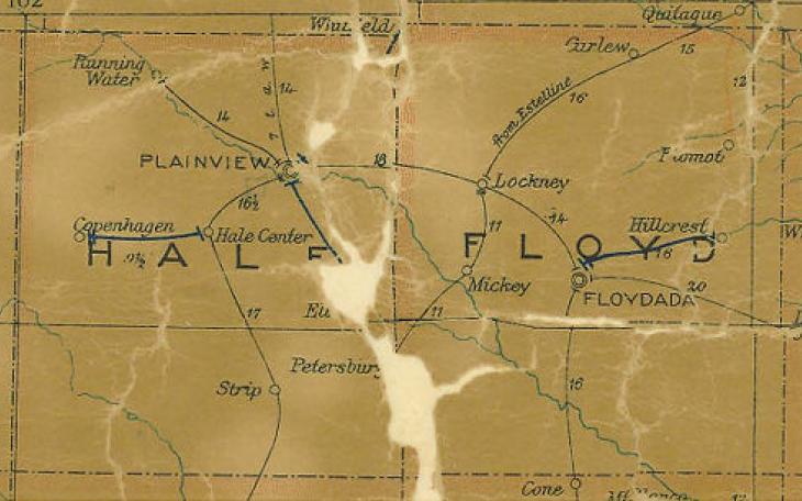 The 1907 Hale County postal map showing Running Water northwest of Plainview in the top left corner of the map of Hale County. (Texas Land Office)
