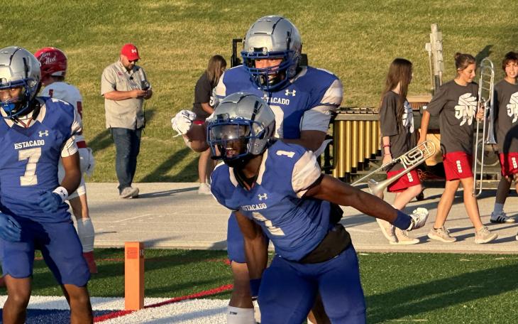 Lubbock Estacado celebrates a touchdown against Jim Ned 2024.