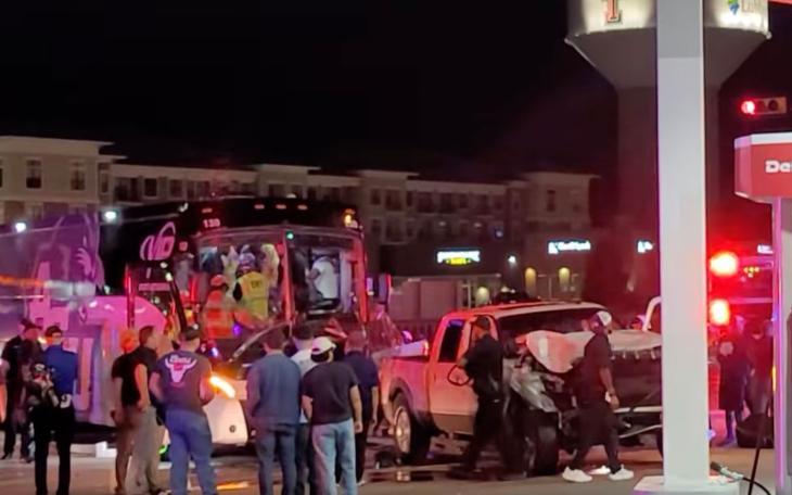 A large crowd gathered at the parking lot of a DK at the corner of the Marsha Sharp Freeway and University Ave. following the crash of an Abilene Christian University bus carrying the ACU football team back to Abilene from Lubbock. 
