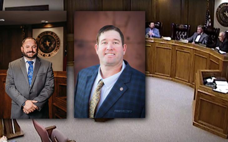 Lubbock County Commissioners Jason Corley (Pct 2), left, and Jordan Rackler (Pct 4), right, boycotted Lubbock County Judge Curtis Parrish's county budget hearings denying the judge a supermajority needed to set the tax rate. Absent a vote on the rate, the FY 2025 county tax rate is set to the No New Revenue Rate of 0.334702, and is not considered a tax increase. Their photos are over a screenshot of the Sept 23, 2024 Lubbock County Commissioners' Court meeting where Corley's and Rackler's absence forced the