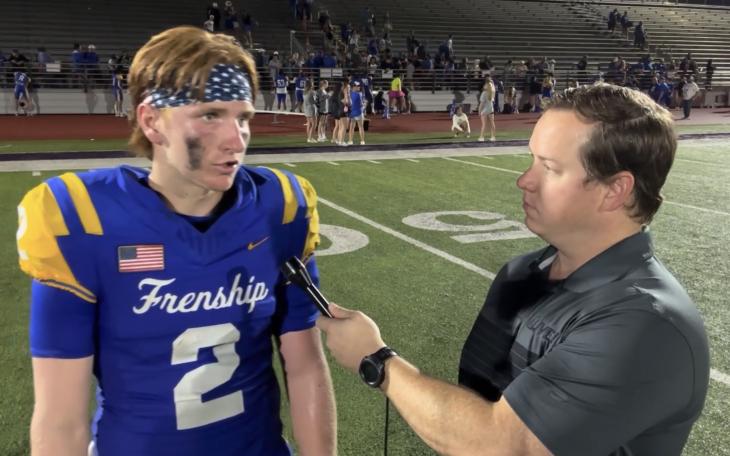 Frenship Tigers Quarterback Holden Phillips speaks with Ryan Chadwick after the close loss to Byron Nelson