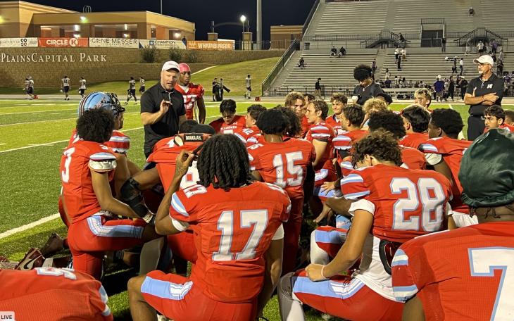 Lubbock Monterey Head Coach Thrash Addresses the Plainsmen After Monterey's Victory Over El Paso Franklin
