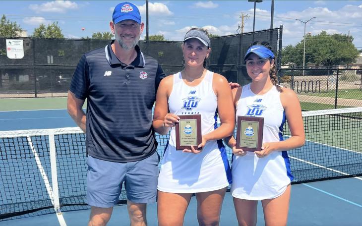 LCU Lady Chaps Tennis: Coach Jason Speegle, Axelle Jacquemin, and Andre De Benardo