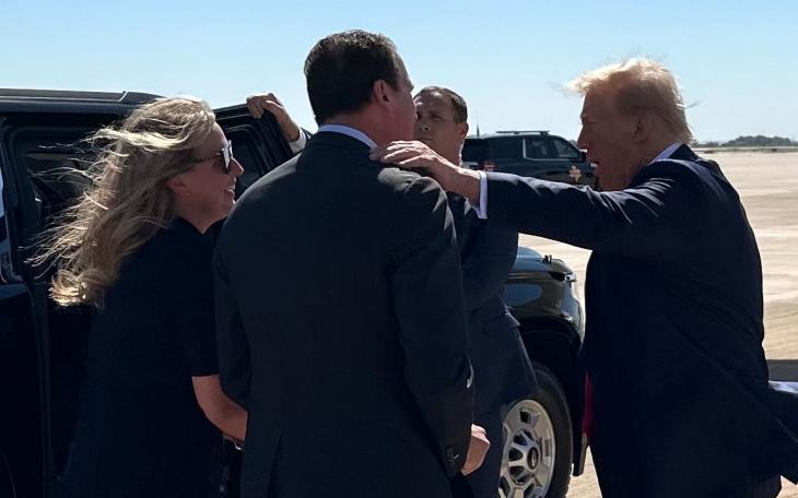 President Donald Trump in Midland is greeted by Congressman August Pfluger (CD-11) and his wife Camille.