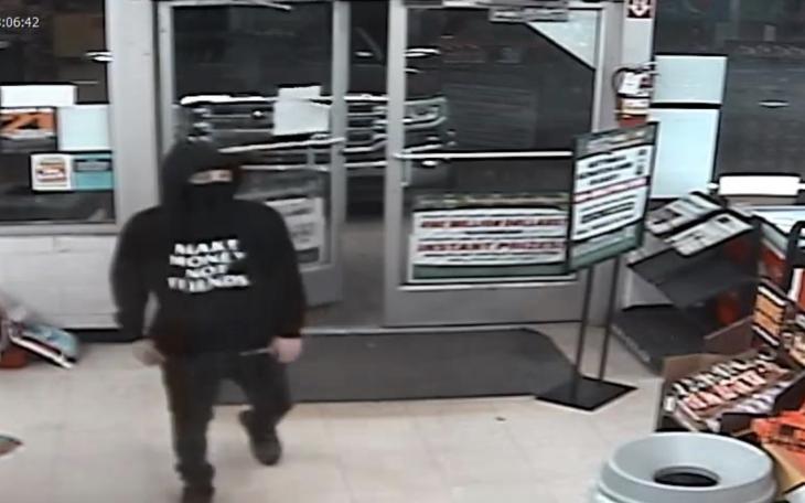 LPD described the man as a white male wearing a black hoodie with the words &quot;Make Money Not Friends&quot; in white lettering, black pants, a black mask, and black shoes.