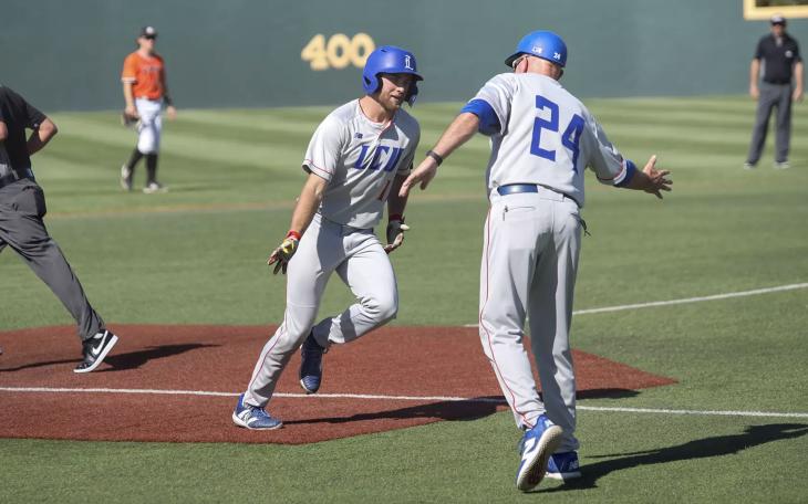 Lubbock Christian's Brevin McCool rounds 3rd Base