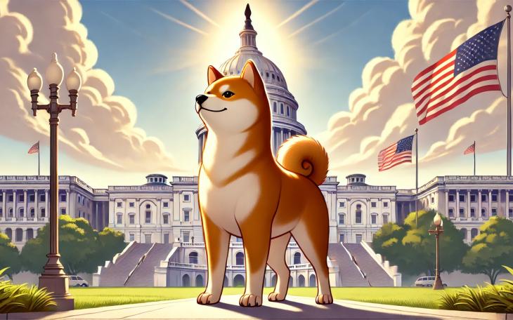 The Shiba Inu standing proudly in front of the U.S. Capitol, symbolizing leadership and innovation.