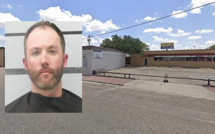 Brent Falkenberg, 34, was arrested for public lewdness after an officer allegedly caught him engaging in oral sex in a parking lot in the Depot District