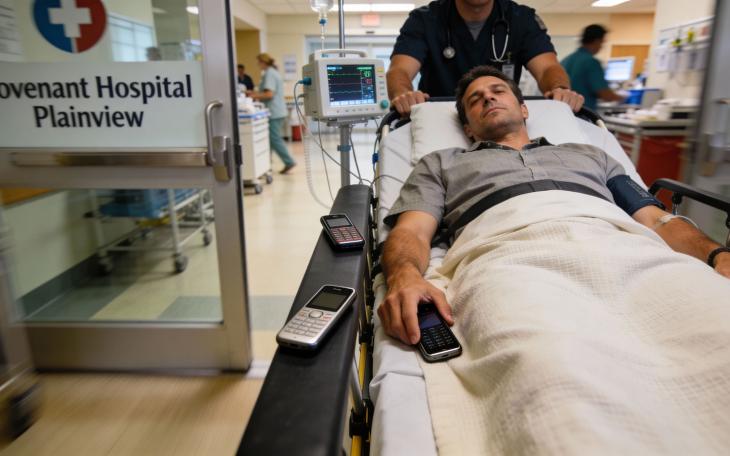 Plainview Man Sues Covenant Health Over Staffer's "One For the Hoes" Jab (AI-generated image of man entering ER with 3 cell phones)