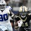 New Orleans Saints Alvin Kamara runs away from the Dallas Cowboys Defense