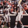 Texas Tech's Tahj Brooks and Jaylen Conyers Celebrate a touchdown in the win over Oklahoma State