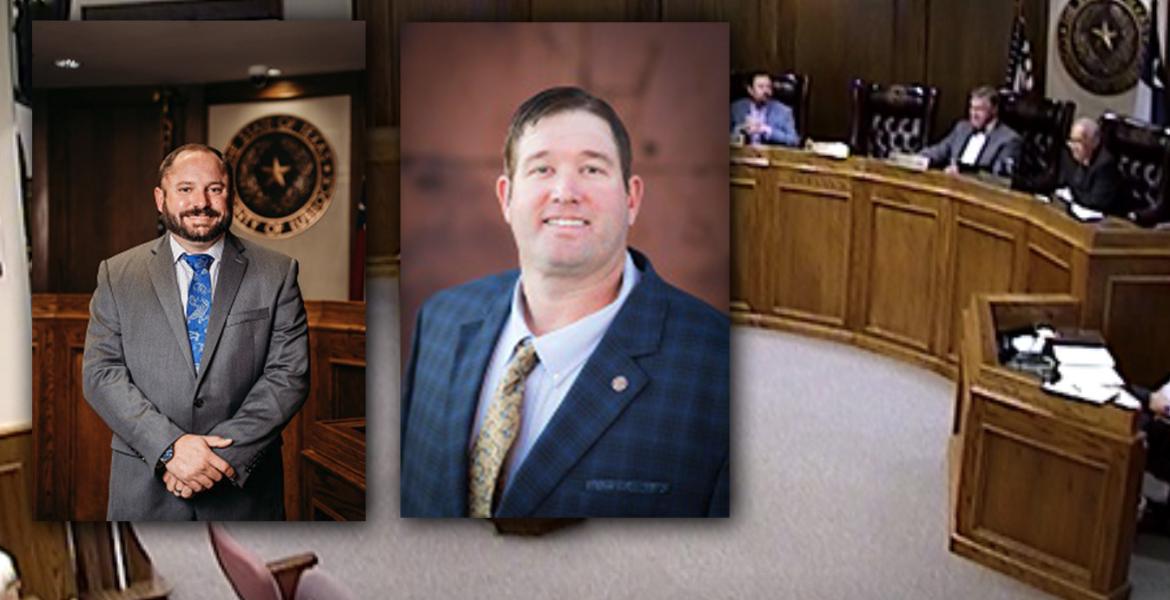 Lubbock County Commissioners Jason Corley (Pct 2), left, and Jordan Rackler (Pct 4), right, boycotted Lubbock County Judge Curtis Parrish's county budget hearings denying the judge a supermajority needed to set the tax rate. Absent a vote on the rate, the FY 2025 county tax rate is set to the No New Revenue Rate of 0.334702, and is not considered a tax increase. Their photos are over a screenshot of the Sept 23, 2024 Lubbock County Commissioners' Court meeting where Corley's and Rackler's absence forced the