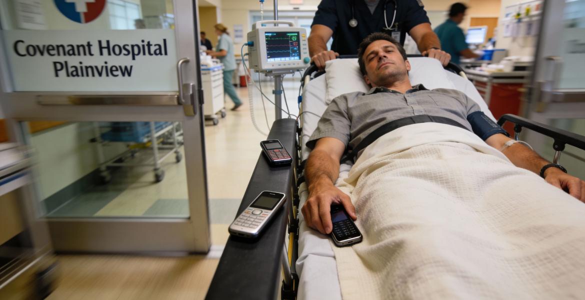 Plainview Man Sues Covenant Health Over Staffer's "One For the Hoes" Jab (AI-generated image of man entering ER with 3 cell phones)